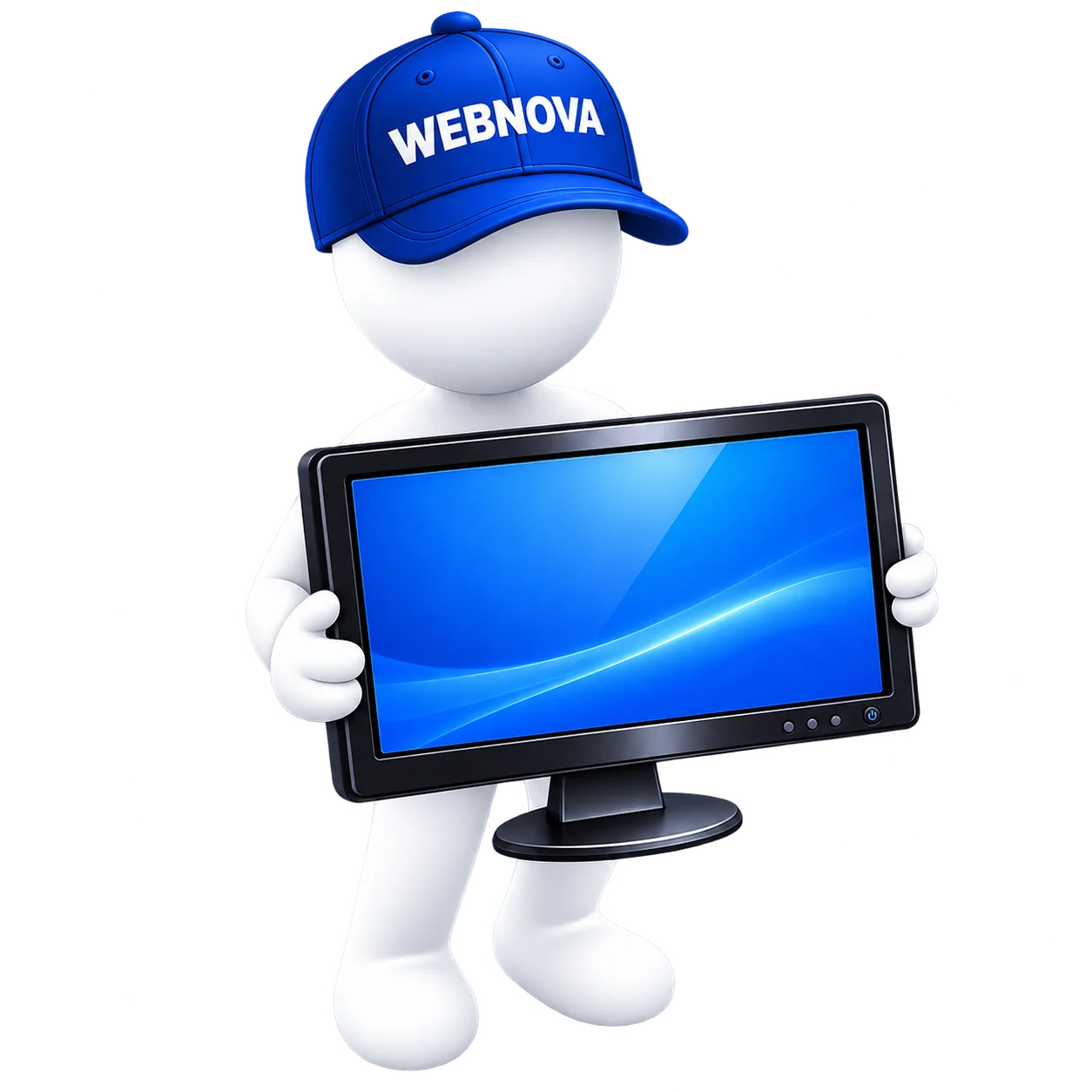 Vit figur med Webnova-keps håller datorskärm