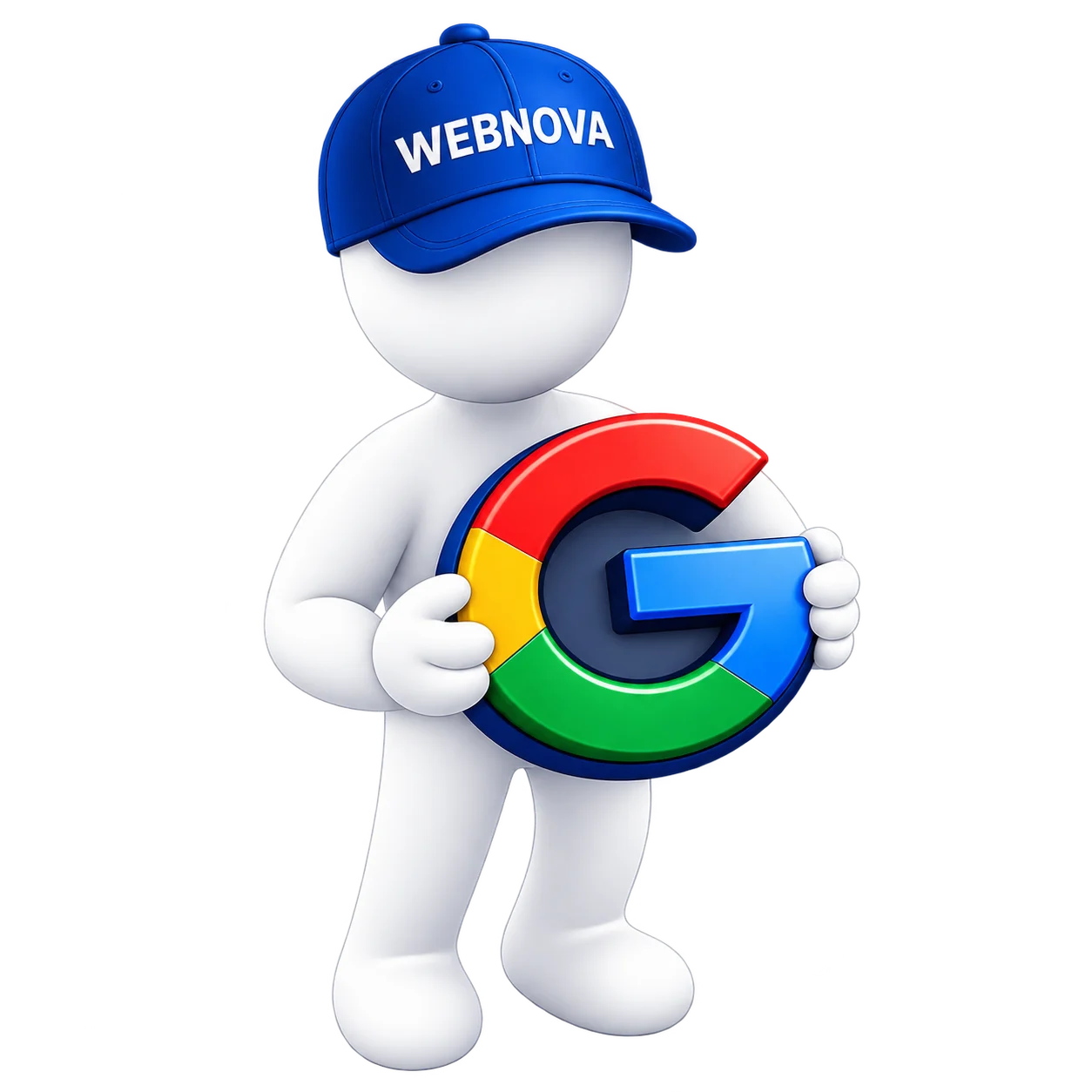Vit figur med Webnova-keps håller Googles logotyp