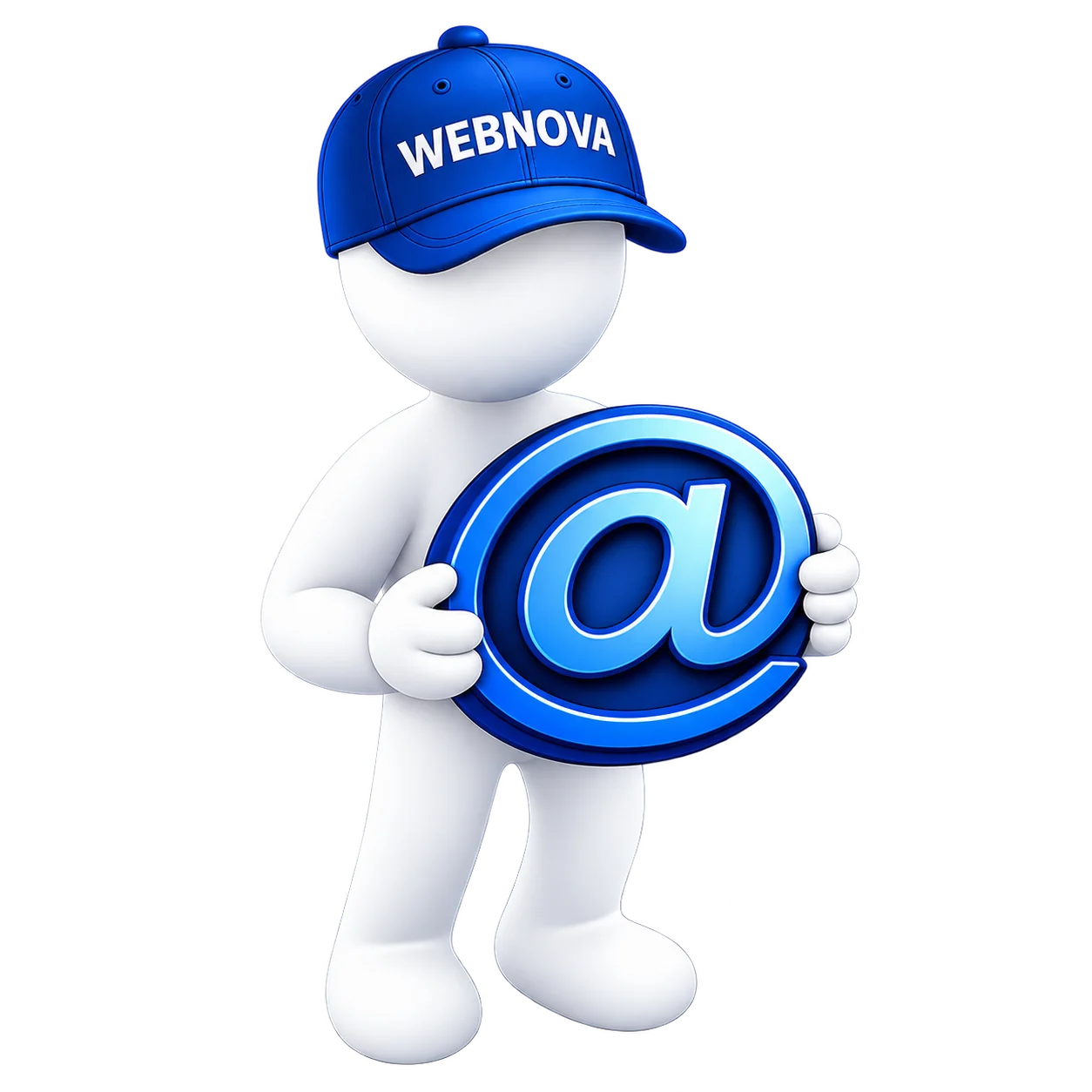 Vit figur med WEBNOVA-keps håller stort snabel-a