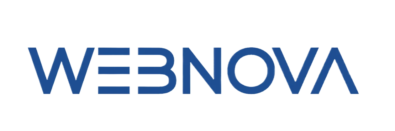 Blue WEBNOVA wordmark logo on black background
